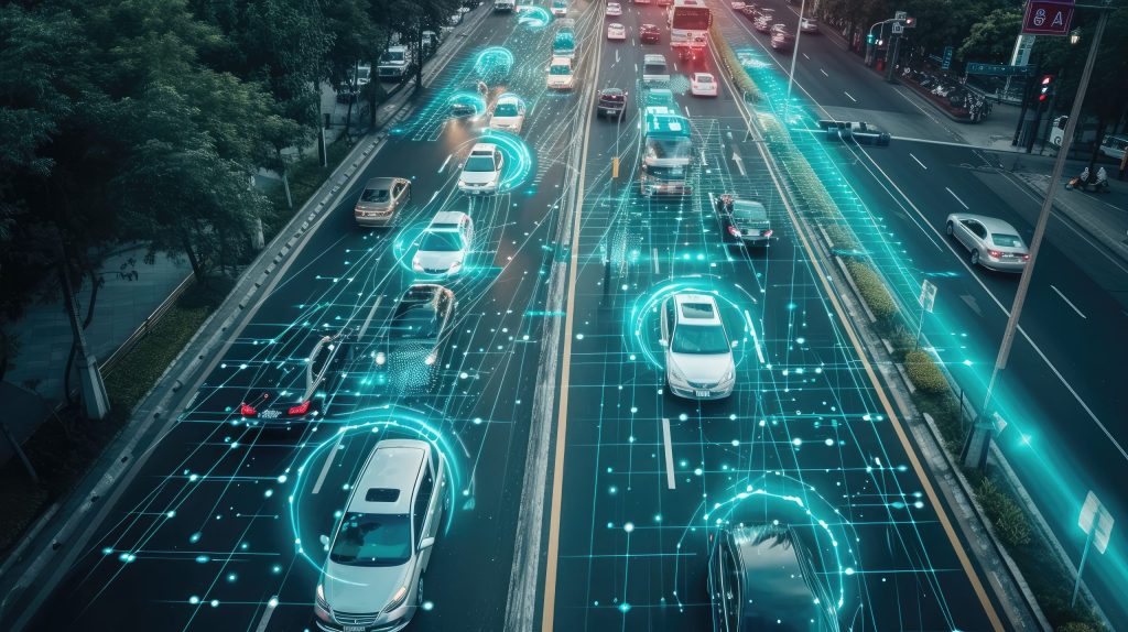 Digitally enhanced image of cars on a road connected by digital nodes