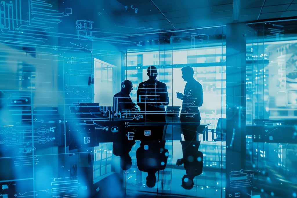 Silhouettes of three people working in a tech office, surrounded by digital data and code.